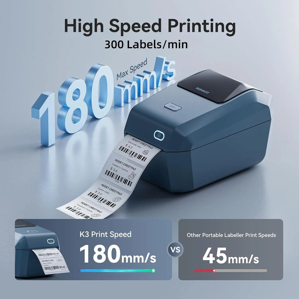 NIIMBOT K3 3" Thermal Label Printer — 180mm/s High-Speed Bluetooth Label Maker for Business