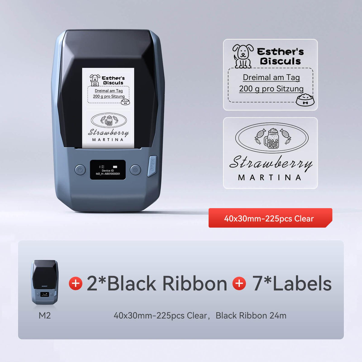 NIIMBOT M2 printer bundle with black ribbon & 40×30mm clear transparent labels