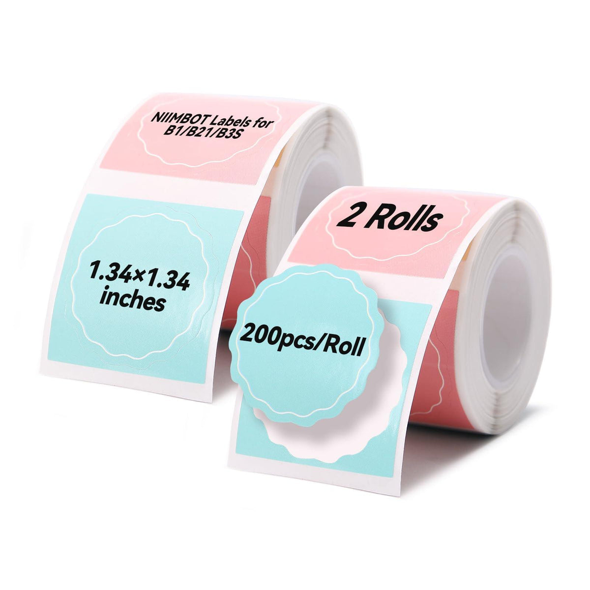 1.34×1.34 inches colorful wavy scalloped thermal labels, 200pcs per roll, 2 rolls set, compatible with NIIMBOT B1 B21 B3S label printer