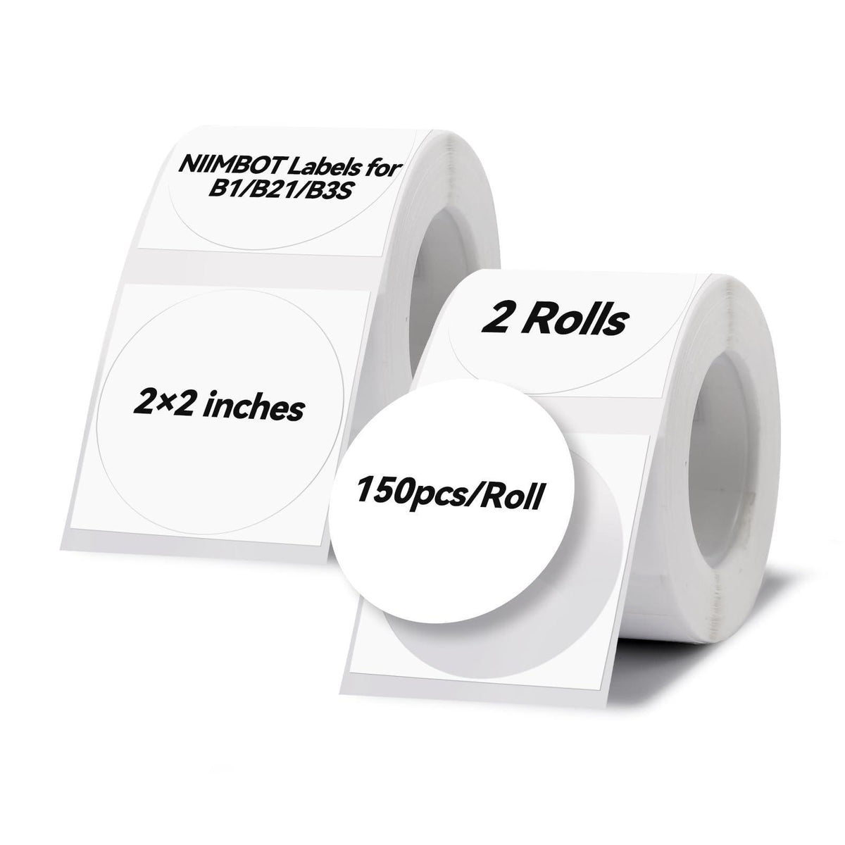 2×2 inches white round thermal sticker labels, 150 pieces per roll, 2 rolls set, compatible with NIIMBOT B1 B21 B3S label maker