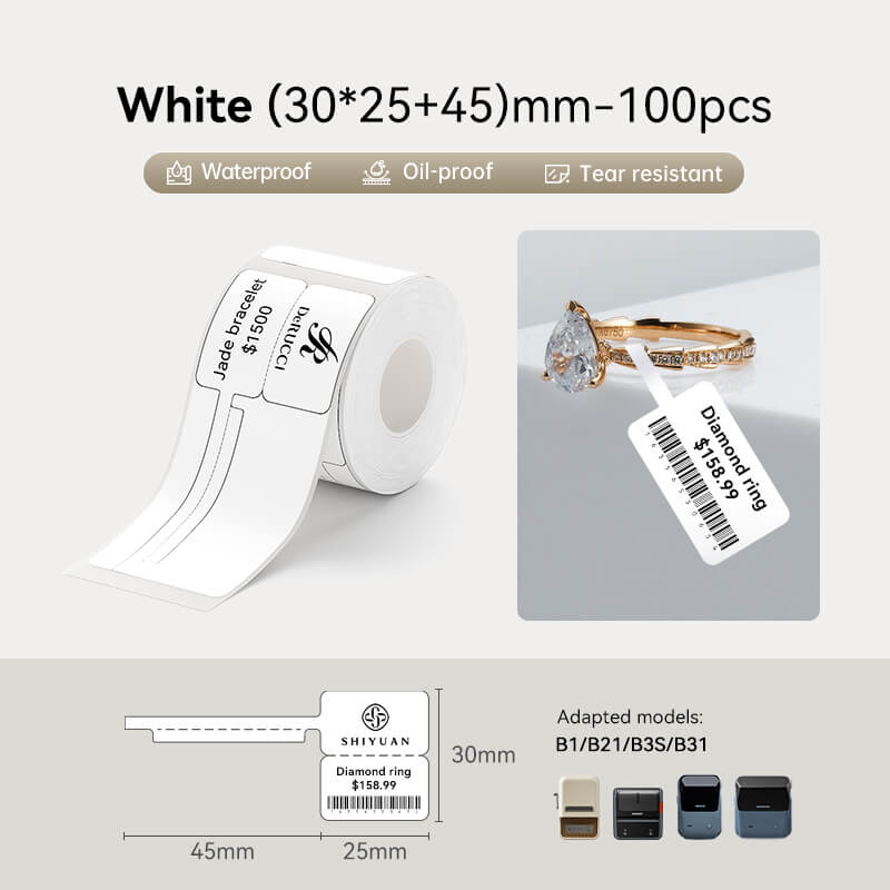 30×25+45mm white waterproof tear-resistant jewellery price tags, compatible with NIIMBOT B1 B21 B3S B31 printer