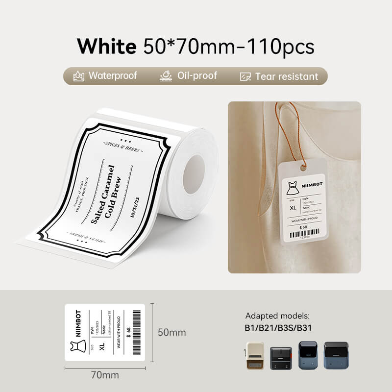 50-70mm white waterproof oil-proof tear-resistant thermal label stickers compatible with NIIMBOT B1 B21 B3S B31 printer