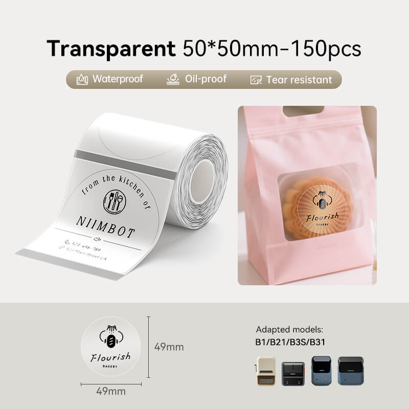 50*50mm transparent round waterproof thermal sticker labels, 150pcs, compatible with NIIMBOT B1 B21 B3S B31 label printers