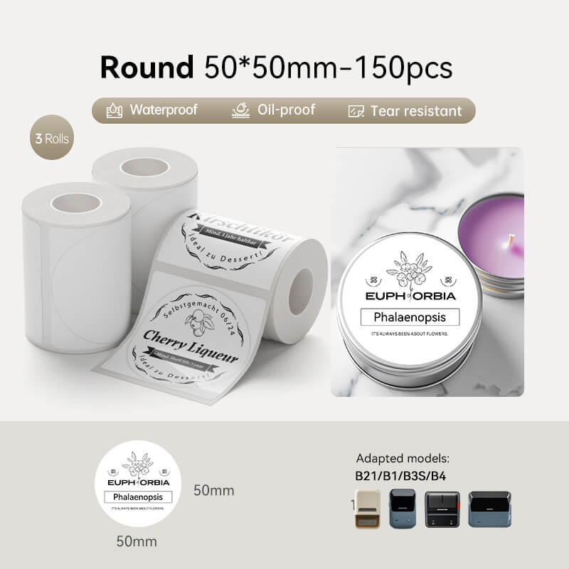 50*50mm white round waterproof thermal sticker labels,150pcs per roll,3 rolls bundle,compatible with NIIMBOT B1 B21 B3S B4 label printer