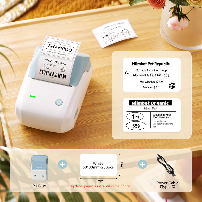 NIIMBOT B1 Blue Mini Bluetooth Thermal Label Printer Bundle, Equipped with 50*30mm Label Stickers and Type-C Charging Cable