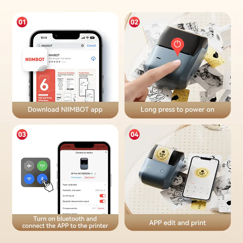 4 steps to use NIIMBOT B1 Pro label printer, bluetooth connect via Niimbot mobile app