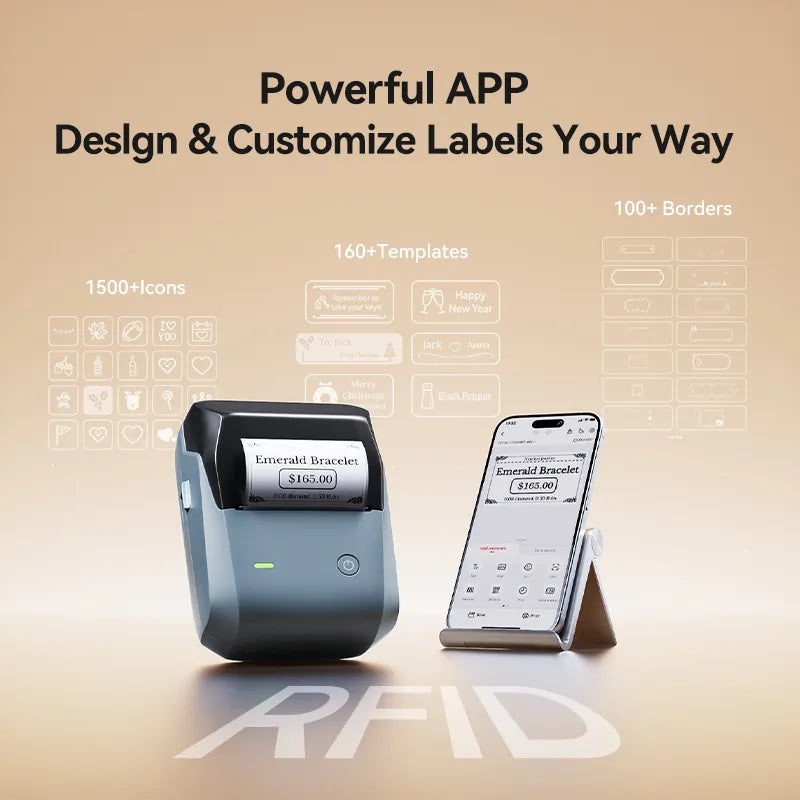 NIIMBOT B1 Pro thermal label printer banner showing mobile APP for label editing, massive templates, icons and borders for custom labels