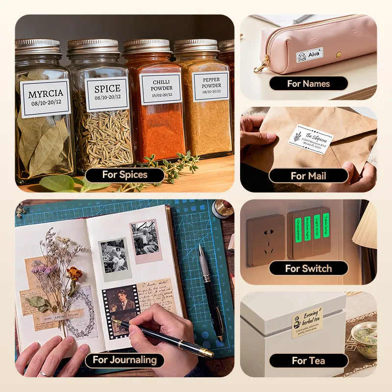 NIIMBOT B1 Pro label printer multi-scene collage, labels for spice bottles, name tags, envelopes, journal decoration, switch identification and tea storage boxes