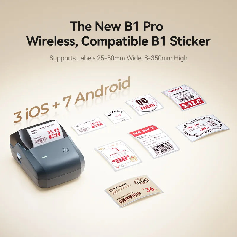 NIIMBOT B1 Pro wireless thermal label printer promotional banner, compatible with B1 stickers, supports 25-50mm width labels