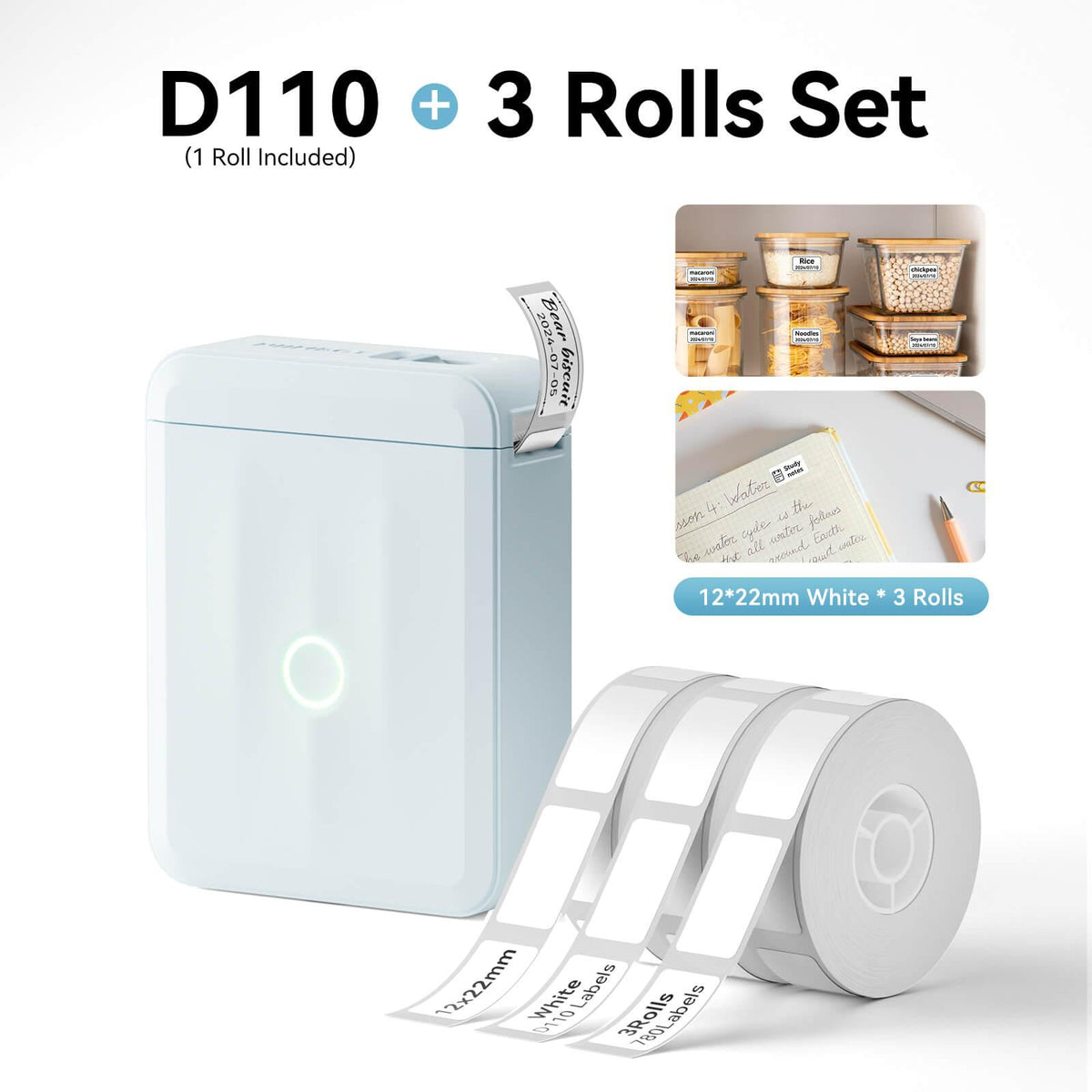 NIIMBOT D110 Blue Label Printer Bundle with 3 Rolls 12x22mm White Label Tape