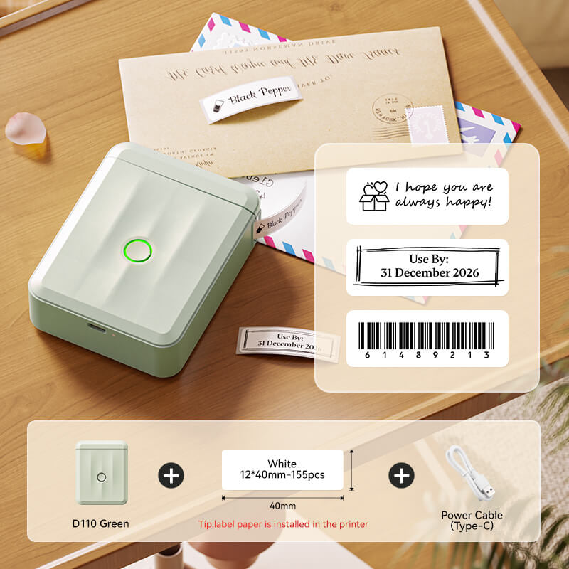 NIIMBOT D110 Green Label Printer Kit with 12x40mm White Label Tape and Type-C Cable