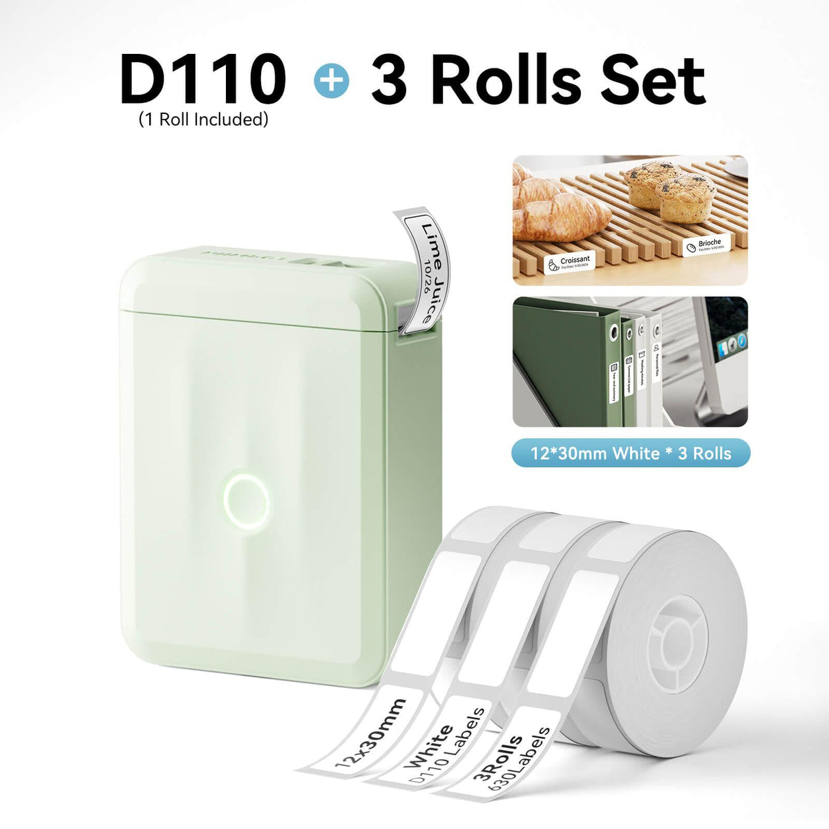 NIIMBOT D110 Green Label Printer Bundle with 3 Rolls 12x30mm White Label Tape