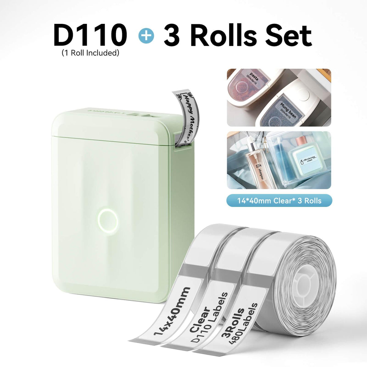 NIIMBOT D110 Green Label Printer Bundle with 3 Rolls 14x40mm Clear Label Tape