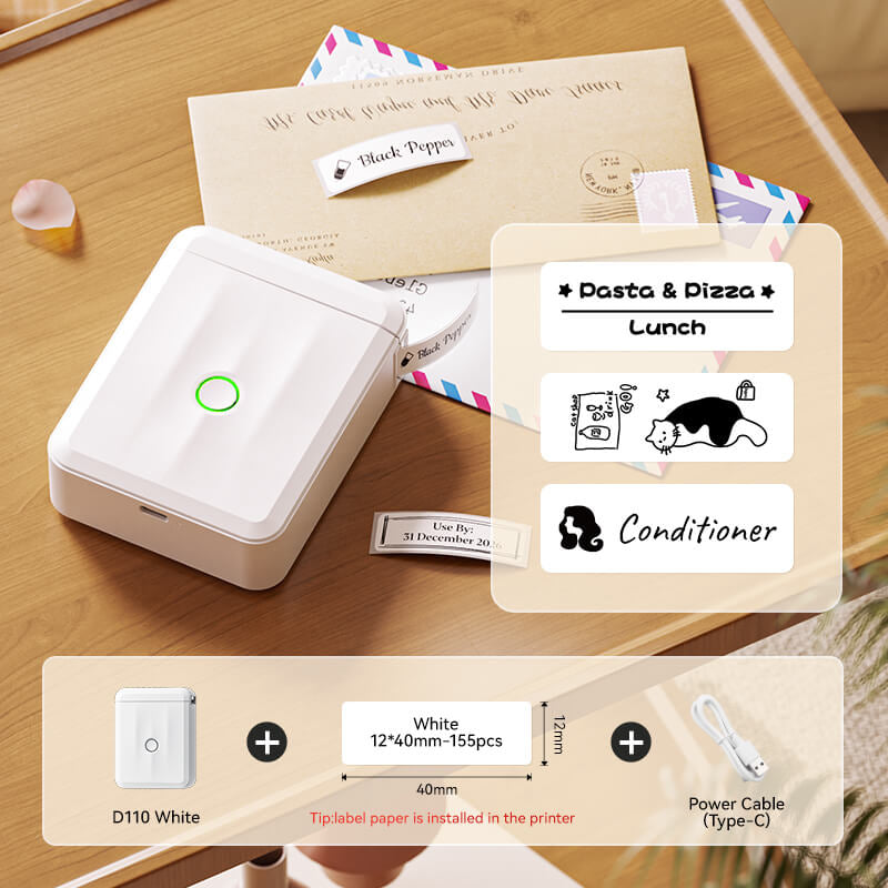 NIIMBOT D110 White Label Printer Kit with 12x40mm White Label Tape and Type-C Cable