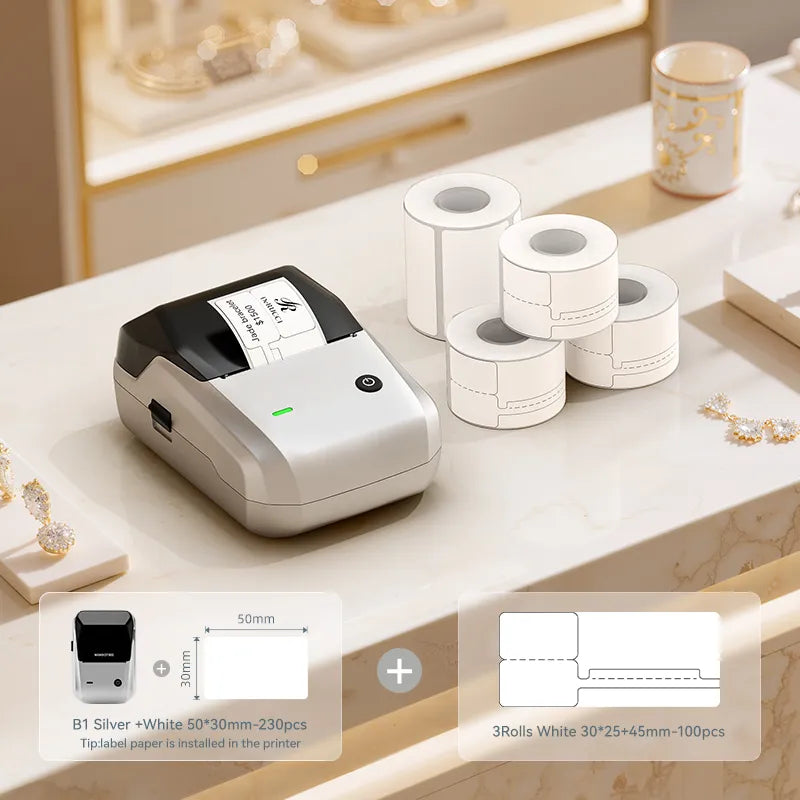 NIIMBOT B1 Jewellery Label Printer Set — 2" Thermal Tag Machine with 3 Rolls Labels for Boutiques