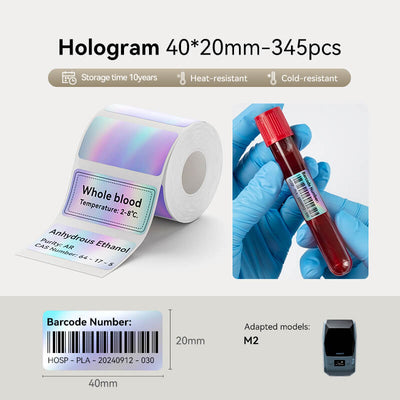 40×20mm hologram thermal transfer labels 345pcs, heat & cold resistant, laboratory sample tags compatible with Niimbot M2