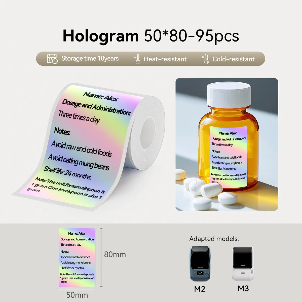 50×80mm hologram thermal transfer labels 95pcs, heat & cold resistant medicine bottle stickers compatible with Niimbot M2 M3