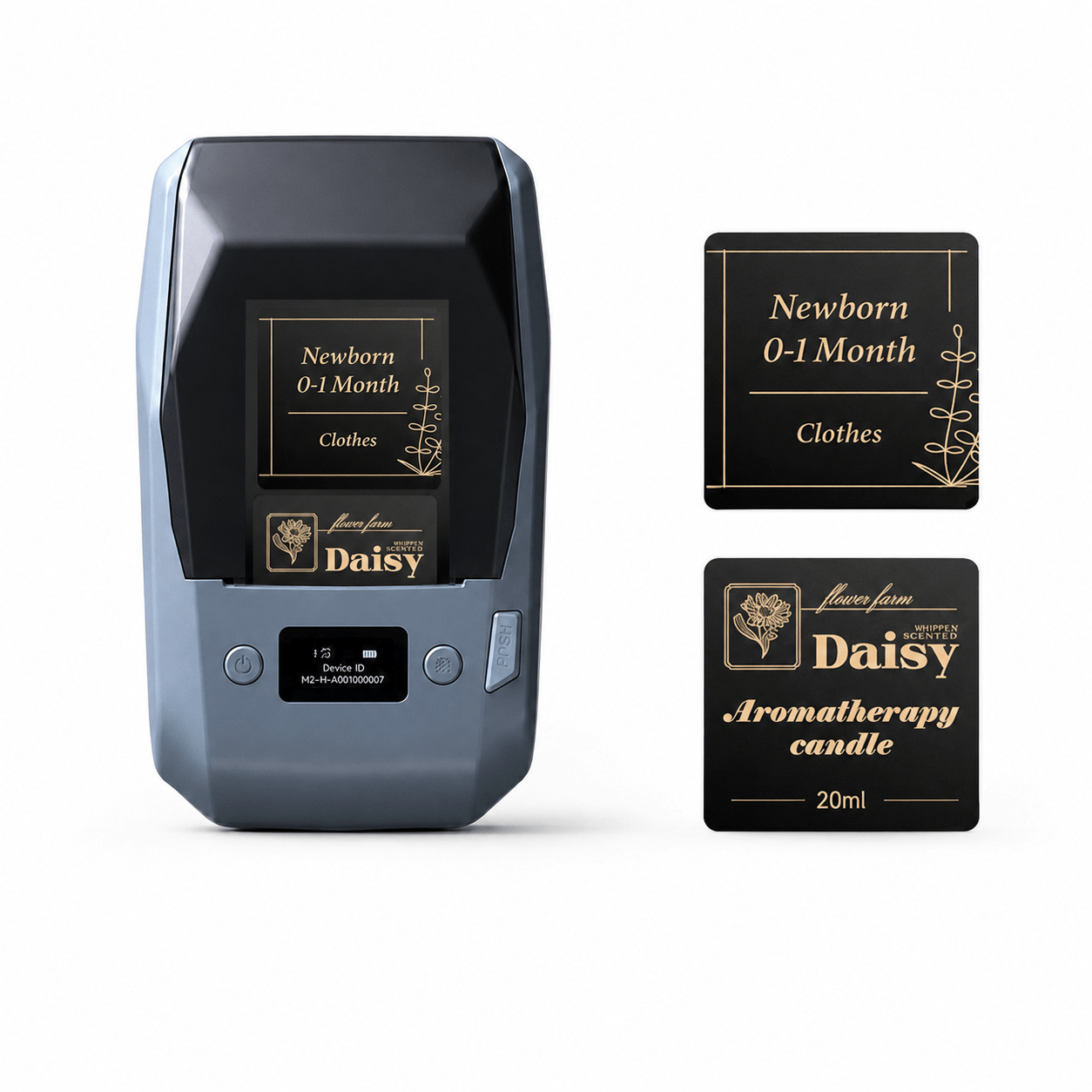 NIIMBOT M2 Thermal Transfer Label Printer with gold ribbon and 40×40mm matte black labels