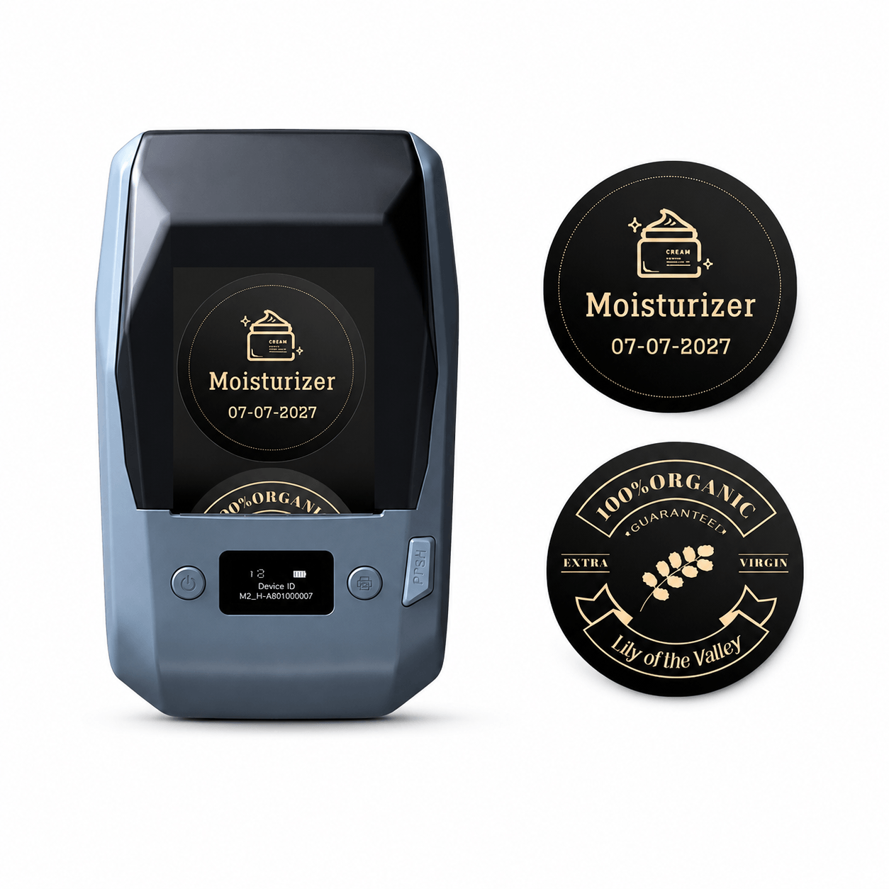 NIIMBOT M2 Thermal Transfer Label Printer with gold ribbon and 50×50mm round black labels