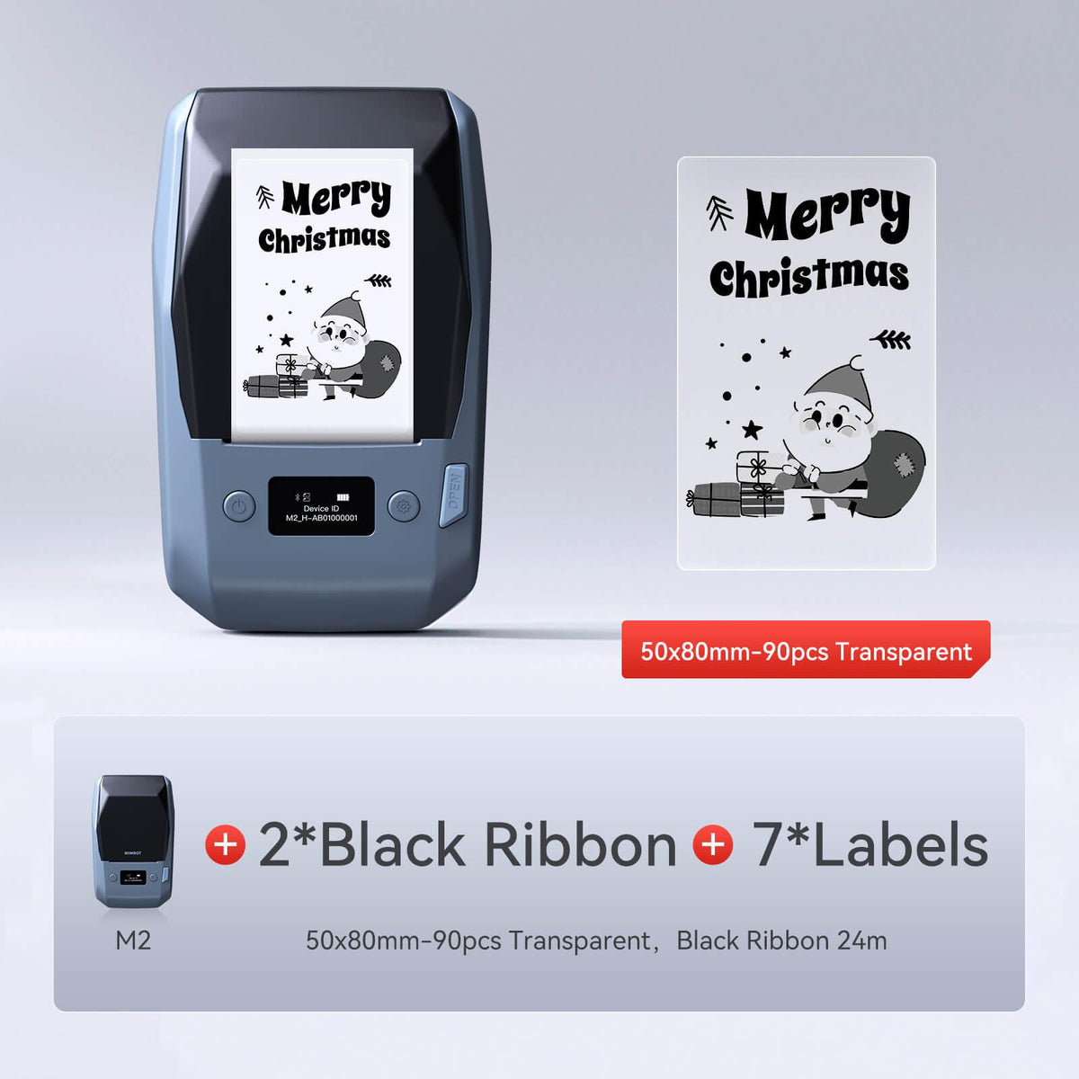 NIIMBOT M2 printer bundle with black ribbon & 50×80mm transparent custom labels