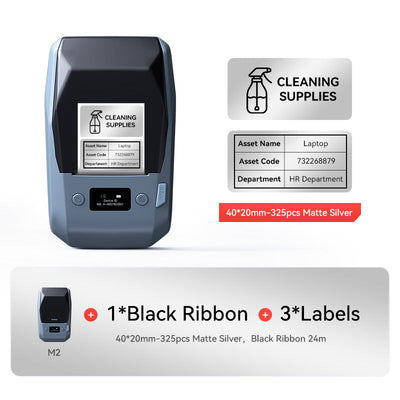 NIIMBOT M2 printer bundle with black ribbon & 40×20mm matte silver office asset and storage classification labels