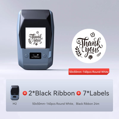 NIIMBOT M2 printer bundle with black ribbon & 50×50mm round white labels