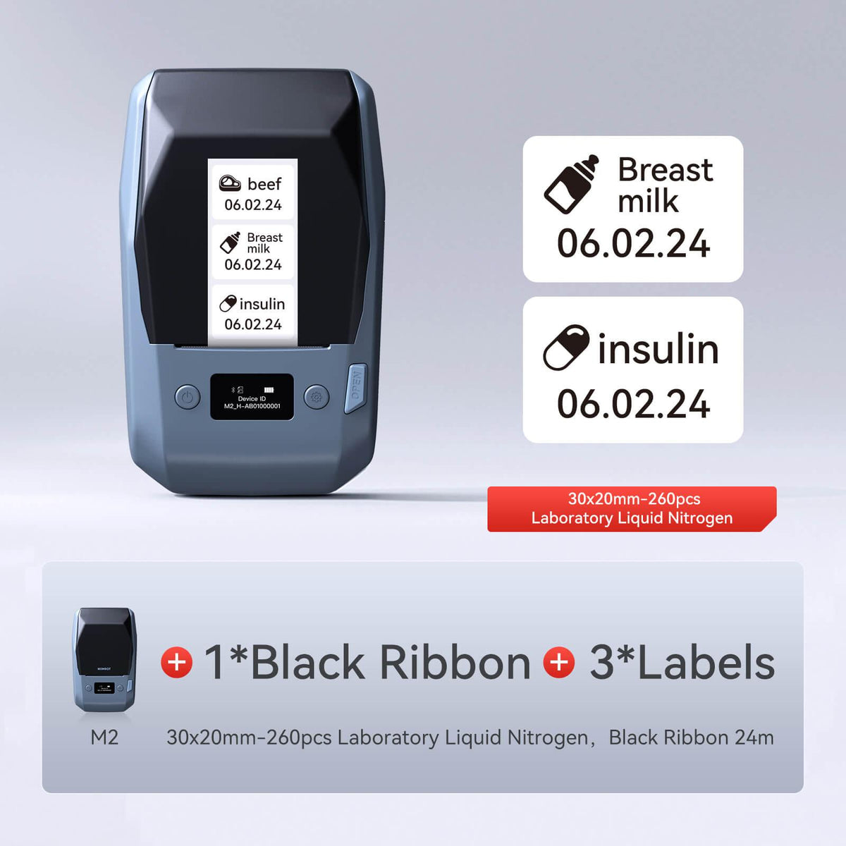 NIIMBOT M2 printer bundle with black ribbon & 30×20mm white cryogenic resistant labels for lab liquid nitrogen, breast milk and medical specimen marking