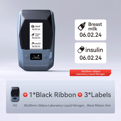 NIIMBOT M2 printer bundle with black ribbon & 30×20mm white cryogenic resistant labels for lab liquid nitrogen, breast milk and medical specimen marking