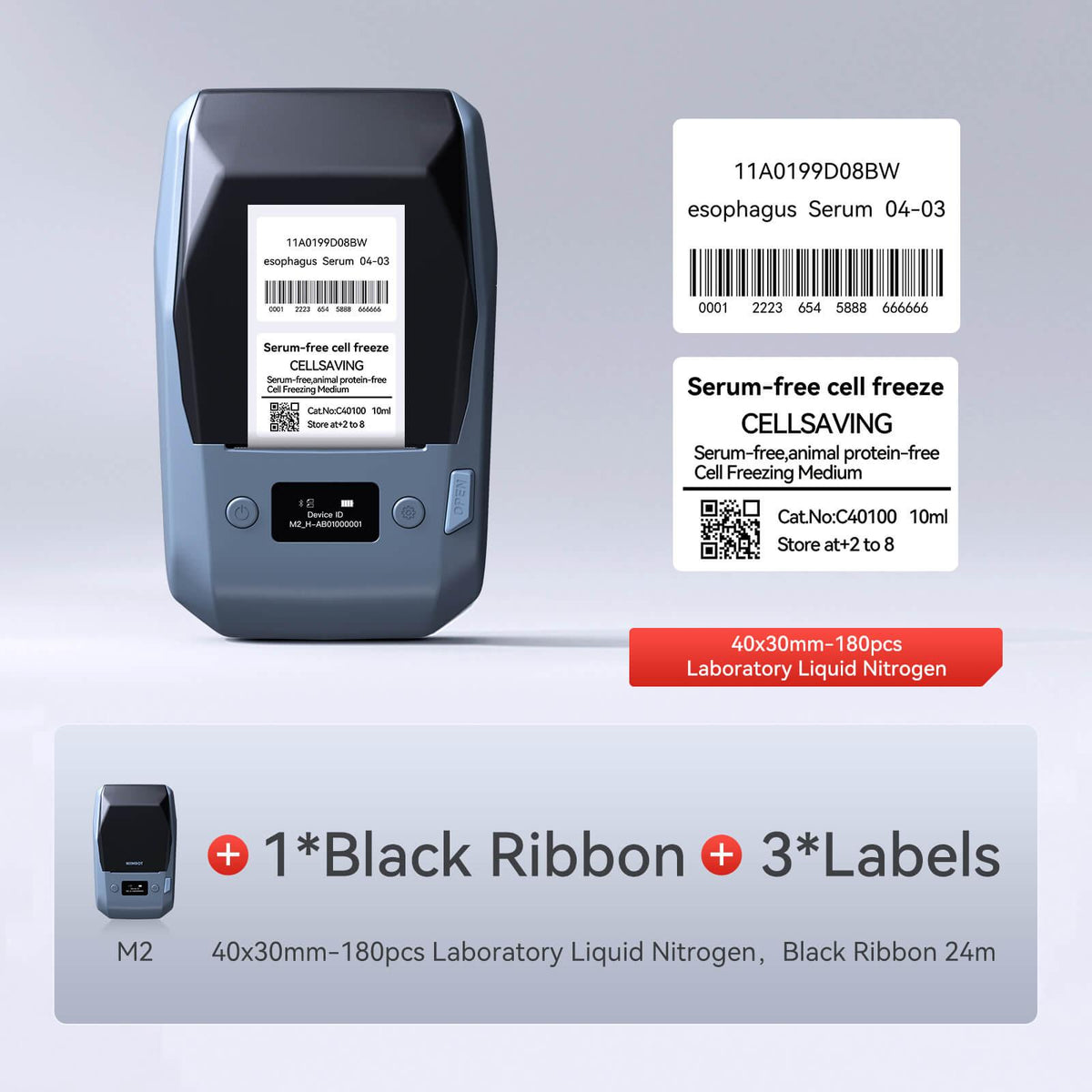 NIIMBOT M2 printer bundle with black ribbon & 40×30mm white laboratory cryogenic sample labels