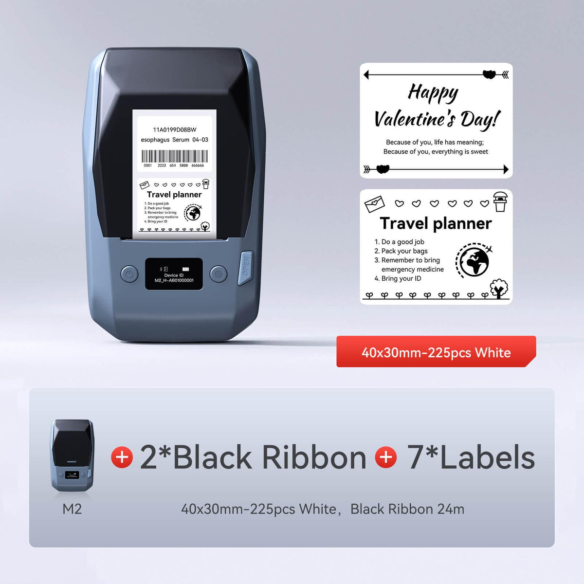 NIIMBOT M2 printer bundle with black ribbon & 40×30mm white synthetic labels