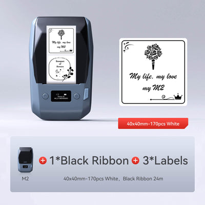 NIIMBOT M2 printer bundle with black ribbon & 40×40mm white square decorative labels