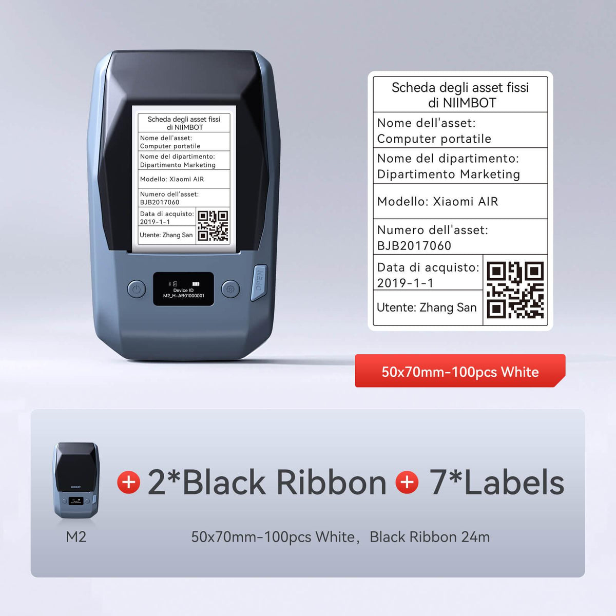 NIIMBOT M2 printer bundle with black ribbon & 50×70mm white asset management labels