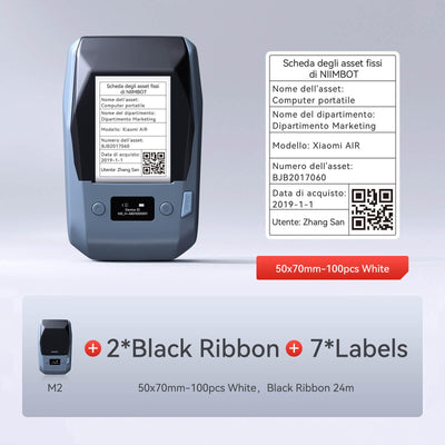 NIIMBOT M2 printer bundle with black ribbon & 50×70mm white asset management labels