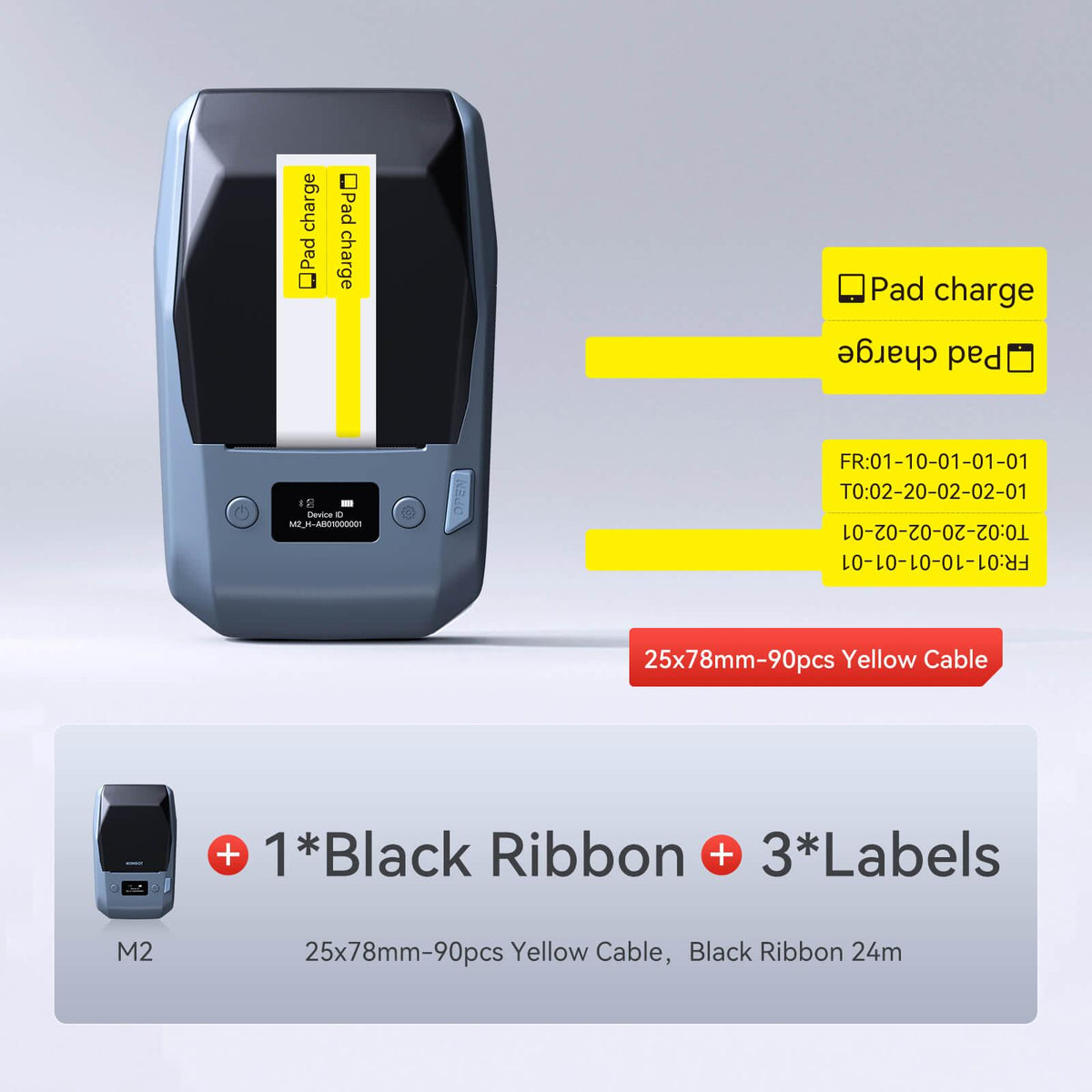 NIIMBOT M2 printer bundle with black ribbon & 25×78mm yellow cable marker labels