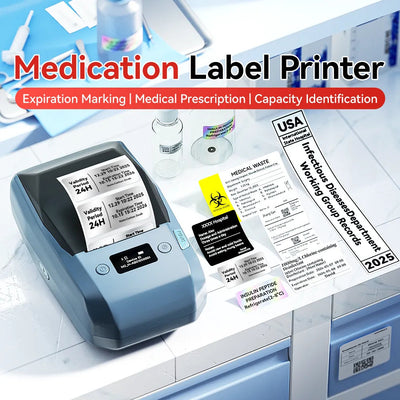 NIIMBOT M2 Medication Label Printer promotional banner, for hospital pharmacy, prescription marking, expiry date tags and medical waste identification