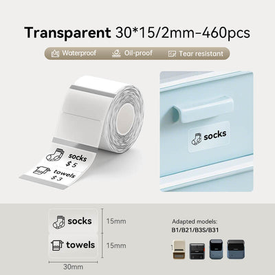 NIIMBOT 30x15mm 2-row transparent thermal labels, waterproof storage tags compatible with B1 B21 B3S B31