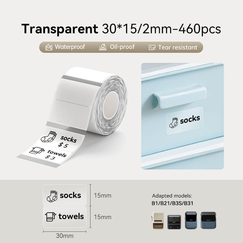 NIIMBOT 30x15mm 2-row transparent thermal labels, waterproof storage tags compatible with B1 B21 B3S B31