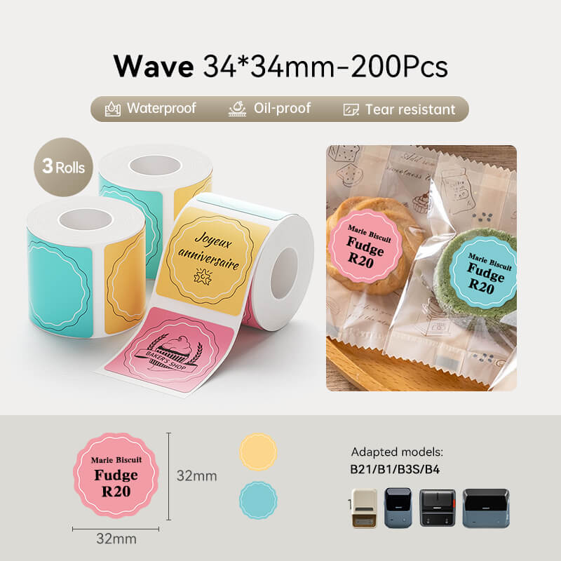 34*34mm colorful wavy scalloped thermal sticker labels, 200pcs per roll, 3 rolls pack, waterproof oil resistant, suitable for NIIMBOT B1 B21 B3S B4 label printer