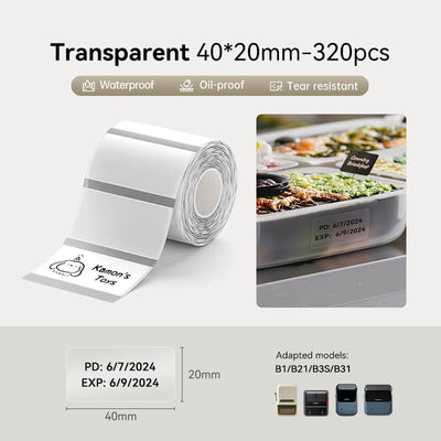 NIIMBOT Transparent 40*20mm thermal label roll, 320 pieces, waterproof oil-proof tear resistant, compatible with B1 B21 B3S B31 label printer for food storage marking