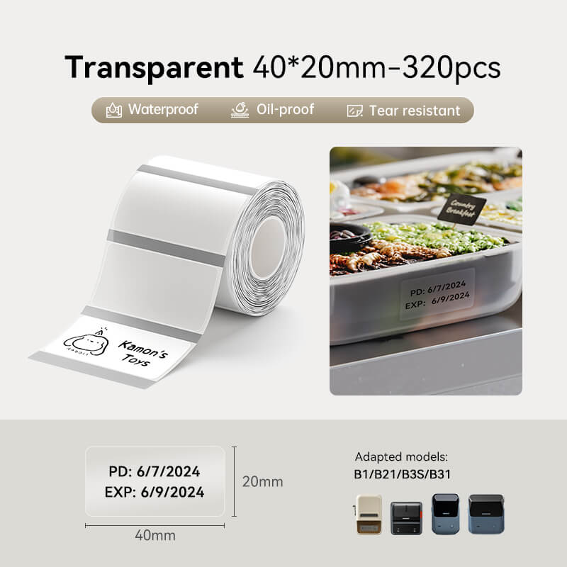NIIMBOT Transparent 40*20mm thermal label roll, 320 pieces, waterproof oil-proof tear resistant, compatible with B1 B21 B3S B31 label printer for food storage marking