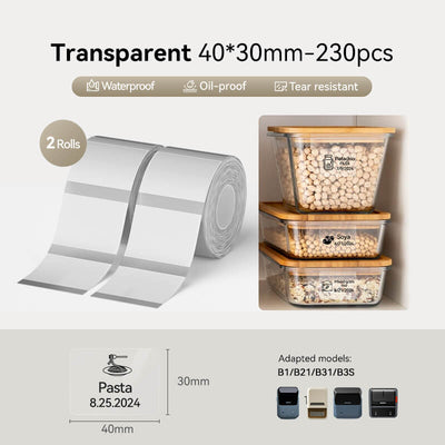 NIIMBOT 40x30mm transparent thermal labels 2 rolls, waterproof pantry container stickers compatible with B1 B21 B31 B3S