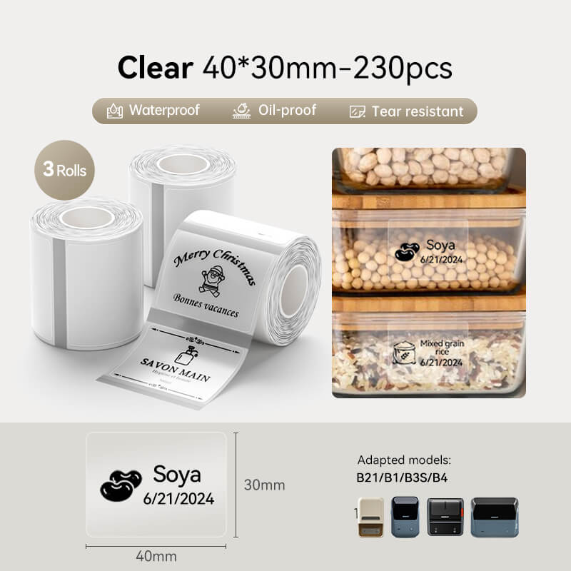 NIIMBOT 40x30mm transparent thermal labels 3 rolls, waterproof food container stickers compatible with B1 B21 B3S B4