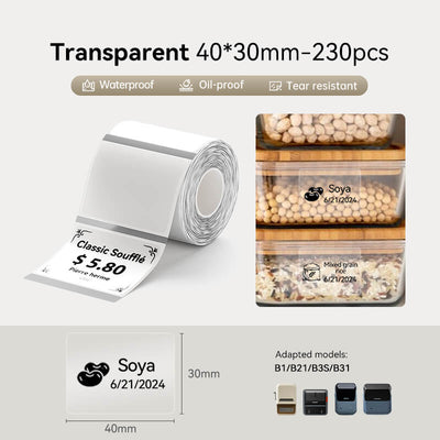 NIIMBOT 40x30mm transparent thermal labels, waterproof pantry food storage stickers compatible with B1 B21 B3S B31