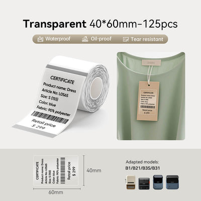 NIIMBOT Transparent 40*60mm thermal label roll, 125 pieces, waterproof oil-proof tear resistant, compatible with B1 B21 B3S B31 label printer for clothing price tags