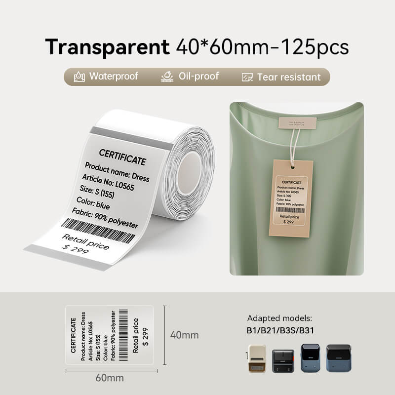 NIIMBOT Transparent 40*60mm thermal label roll, 125 pieces, waterproof oil-proof tear resistant, compatible with B1 B21 B3S B31 label printer for clothing price tags