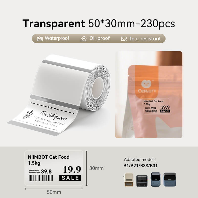 NIIMBOT 50x30mm transparent thermal labels, waterproof price tags compatible with B1 B21 B3S B31