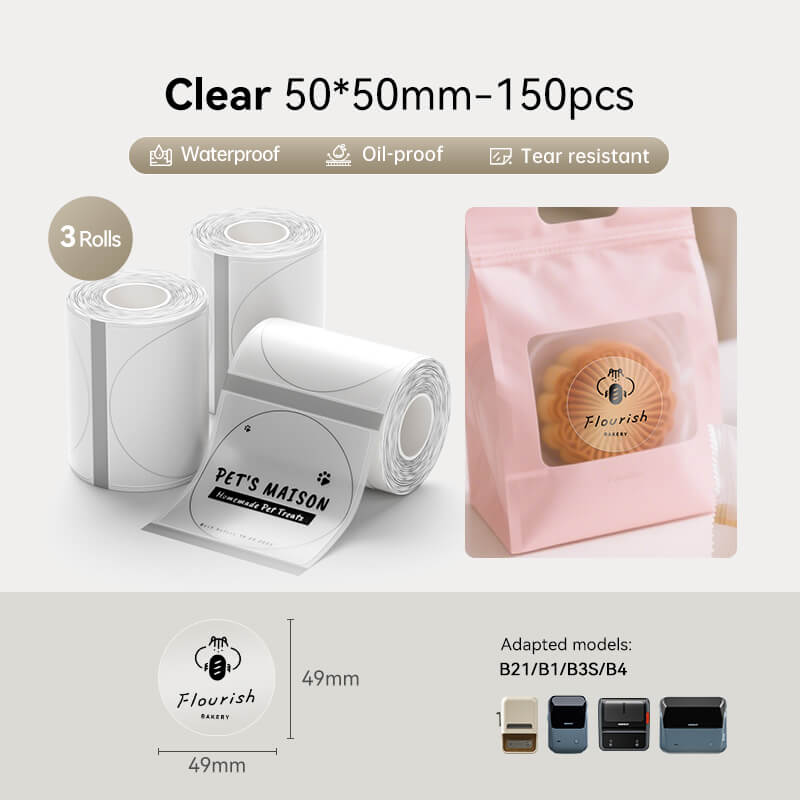 50*50mm clear transparent round waterproof thermal labels, 150pcs per roll, 3 rolls set, fit NIIMBOT B1 B21 B3S B4 label printer