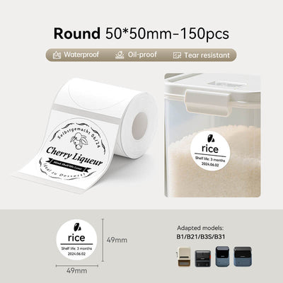 50*50mm round white waterproof thermal sticker labels compatible with NIIMBOT B1 B21 B3S B31 printers