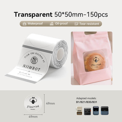 NIIMBOT 50x50mm transparent thermal labels, waterproof bakery packaging stickers compatible with B1 B21 B3S B31