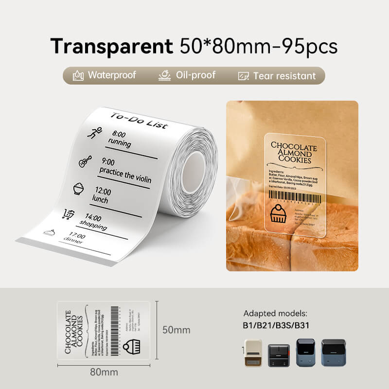NIIMBOT 50x80mm transparent thermal labels, waterproof bakery & daily note stickers compatible with B1 B21 B3S B31
